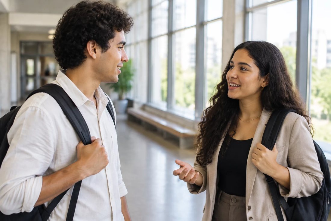 Dois estudantes de mochila continuam a discussão no corredor depois da sessão