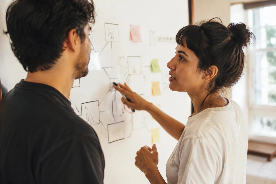 Facilitadora aponta para um mapa de argumento desenhado no quadro branco enquanto um participante acompanha